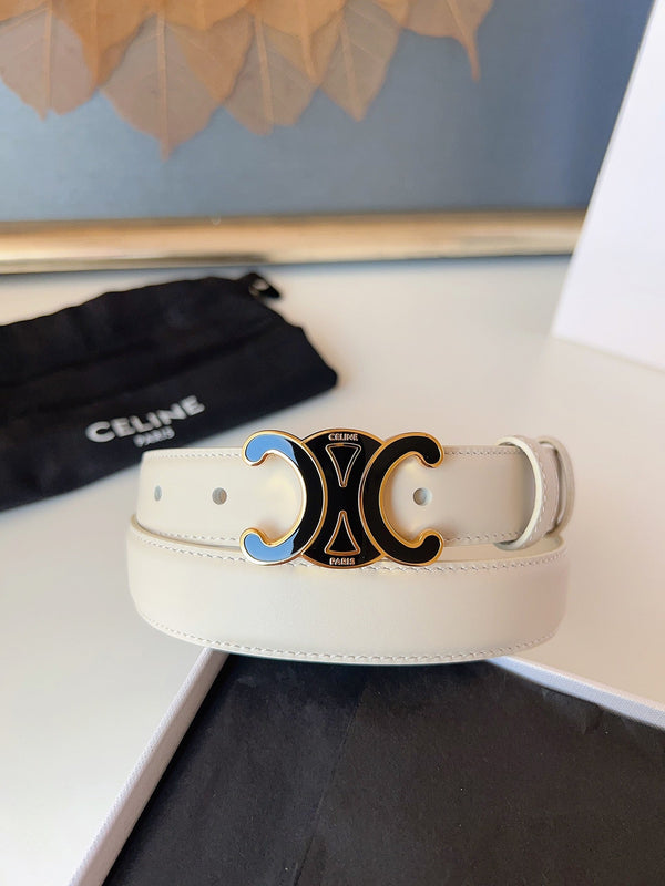 CL Ceinture Triomphe émaillée noire 25mm en cuir de vachette blanc 616415