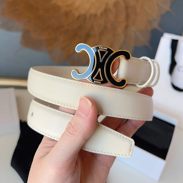 CL Ceinture Triomphe émaillée noire 25mm en cuir de vachette blanc 616415