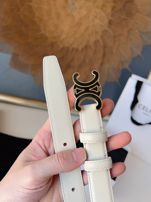 CL Ceinture Triomphe émaillée noire 25mm en cuir de vachette blanc 616415