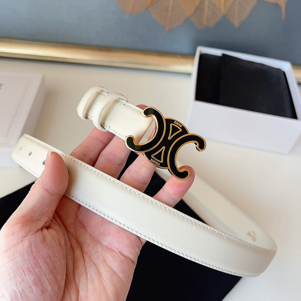 CL Ceinture Triomphe émaillée noire 25mm en cuir de vachette blanc 616415
