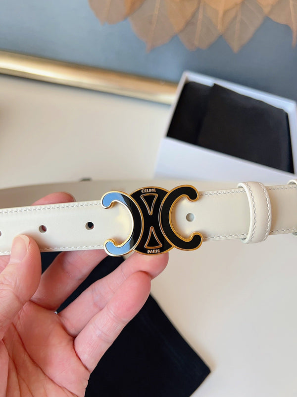 CL Ceinture Triomphe émaillée noire 25mm en cuir de vachette blanc 616415
