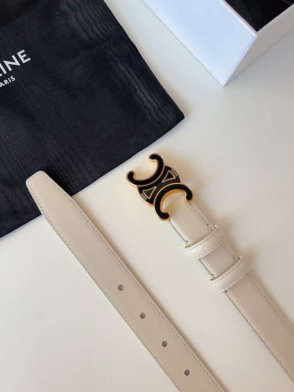 CL Ceinture Triomphe émaillée noire 25mm en cuir de vachette blanc 616415