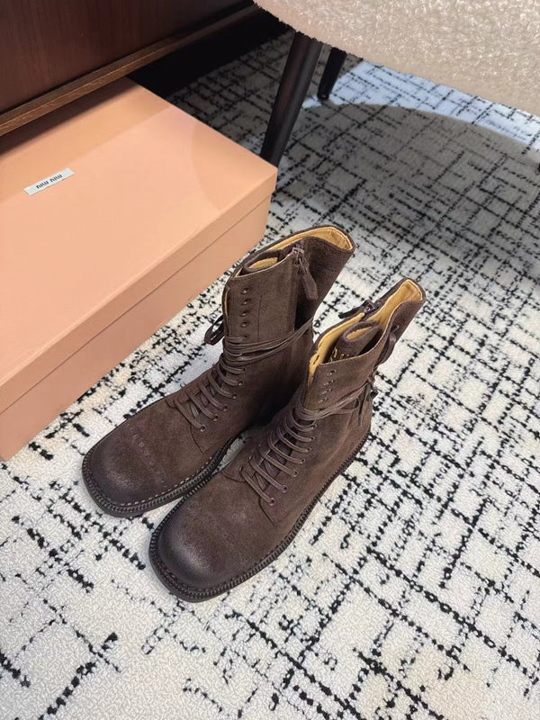 Miu Lace-Up Boots Earth Brown Suede