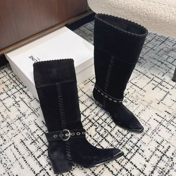 CE 26S Western Buckle Jumping Boots 4.5cm Black Suede 118190