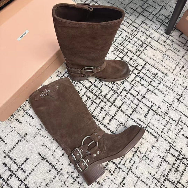 Miu 2026 High-Top Biker Boots Suede Calfskin 952185