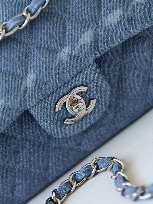 CC 24K Flap Bag 25cm Blue Denim Silver Hardware
