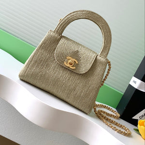 CC 2025 Woven Bag 19cm Gold Raffia Leather 296398