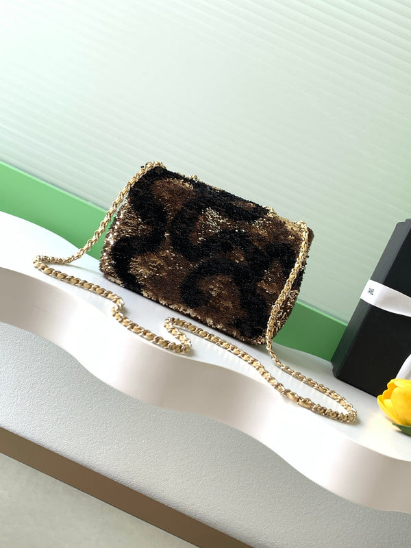 CC 2025 Flap Bag Brown Gold Sequin 298199