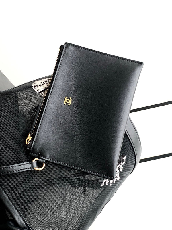 CC Large Bucket Bag Black Embroidered Mesh Calfskin