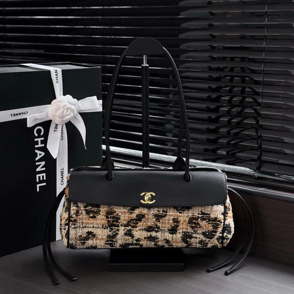 CC 2026 Leopard Print Baguette Bag Tweed Leather