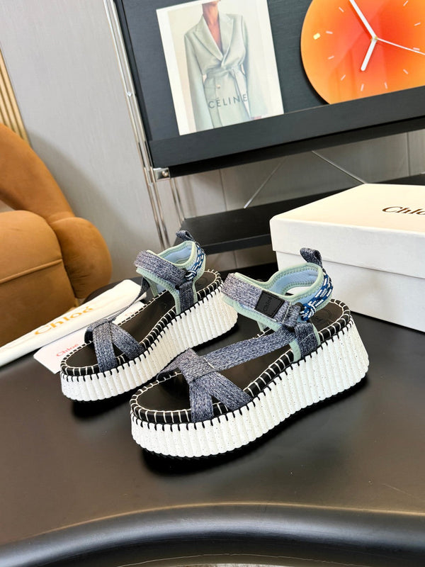 CHLOÉ NAMA WEDGE SANDALS IN GREY FABRIC AND WHITE RUBBER