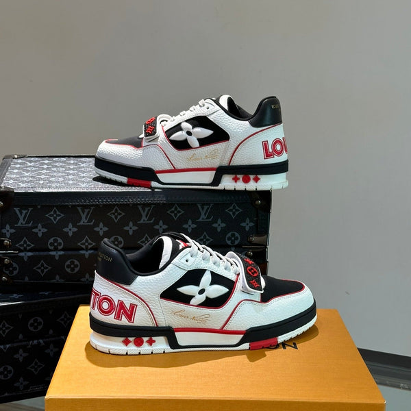 LV TRAINER SNEAKERS IN WHITE CALFSKIN AND BLACK MIX RED SUEDE