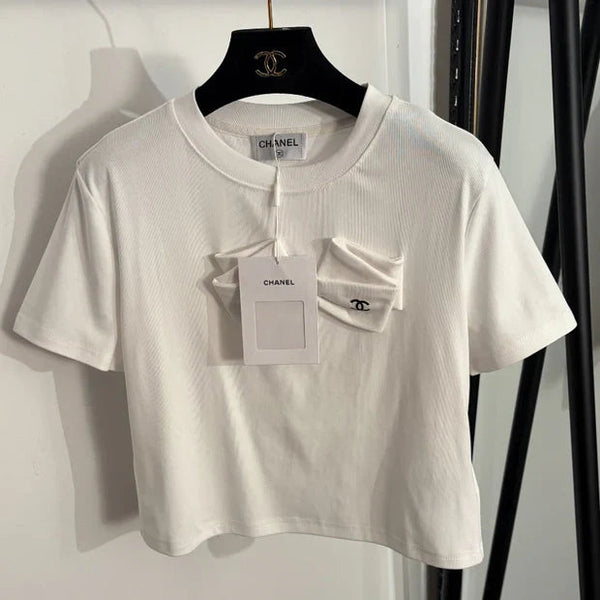 Chanel 2026 Logo Bow Short-sleeved T-shirt White Cotton 150111