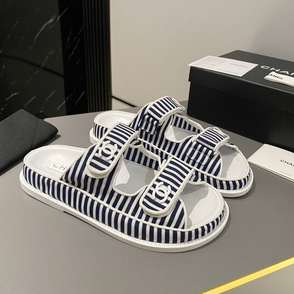 sandalo da papà mulo a righe blu scuro tessuto bianco pelle di vitello