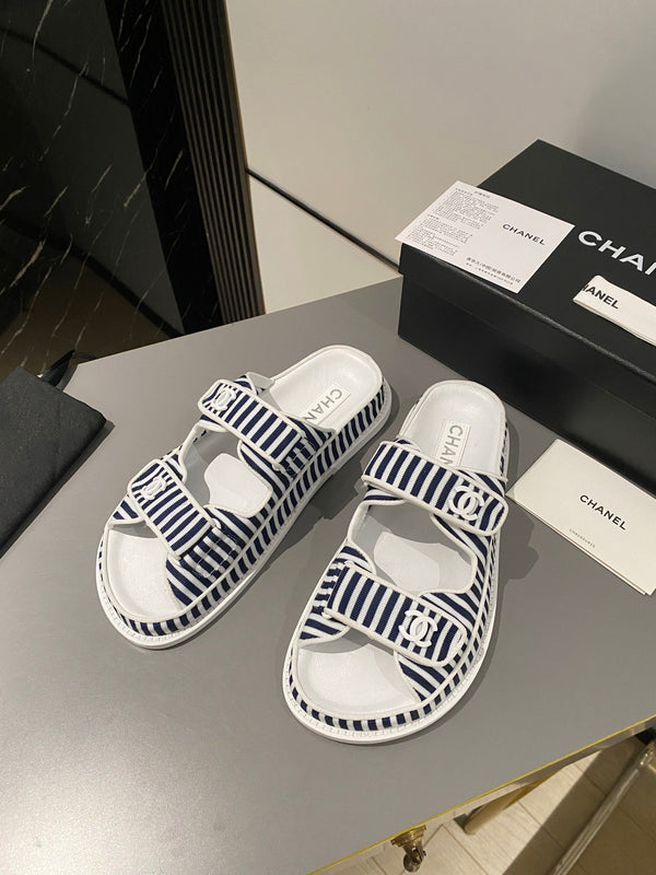 sandalo da papà mulo a righe blu scuro tessuto bianco pelle di vitello