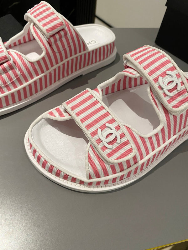 sandalo papà mulo tessuto rosa bianco a righe in pelle di vitello