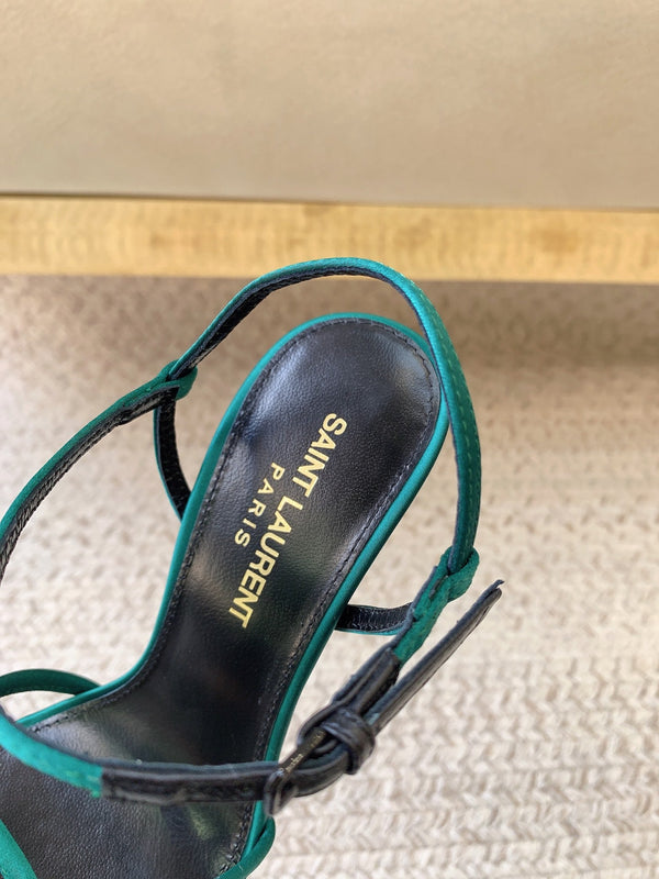STRAPPY HIGH HEEL SANDALS IN TEAL GREEN SILK