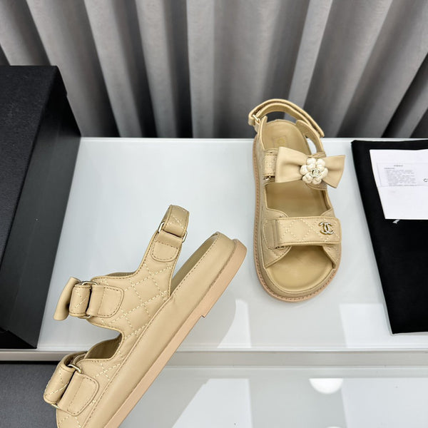 dad sandals beige bow tie lambskin