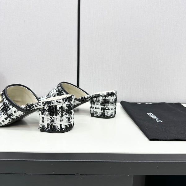 CC HIGH MULE IN TWEED DI LANA E VITELLO NERO E BIANCO