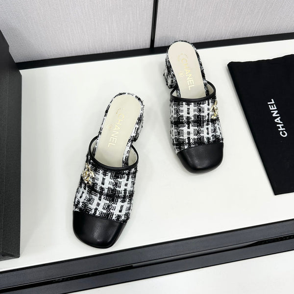 CC HIGH MULE IN TWEED DI LANA E VITELLO NERO E BIANCO