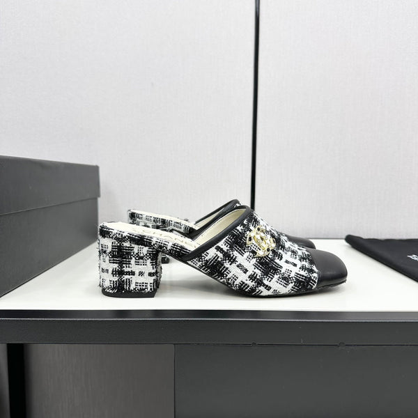 CC HIGH MULE IN TWEED DI LANA E VITELLO NERO E BIANCO