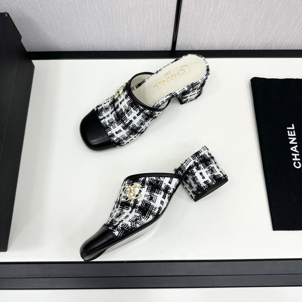 CC HIGH MULE IN TWEED DI LANA E VITELLO NERO E BIANCO