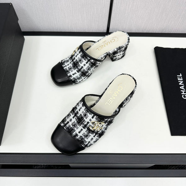 CC HIGH MULE IN TWEED DI LANA E VITELLO NERO E BIANCO