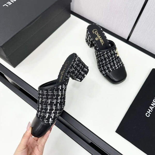 CC HIGH MULE IN TWEED DI LANA E VITELLO NERO E BIANCO