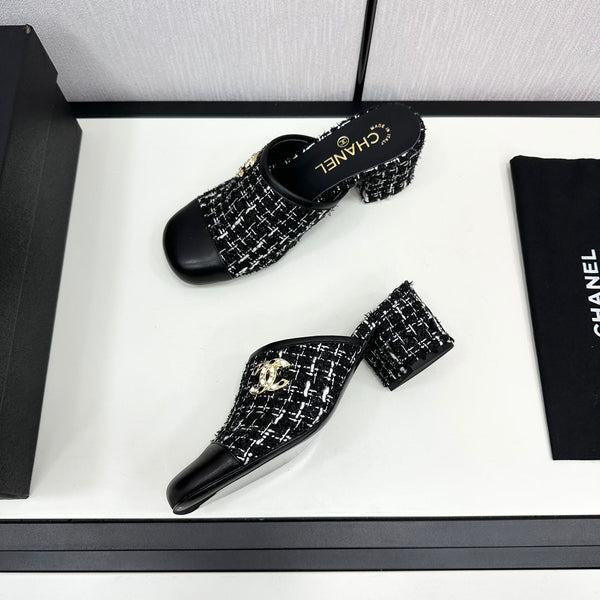 CC HIGH MULE IN TWEED DI LANA E VITELLO NERO E BIANCO