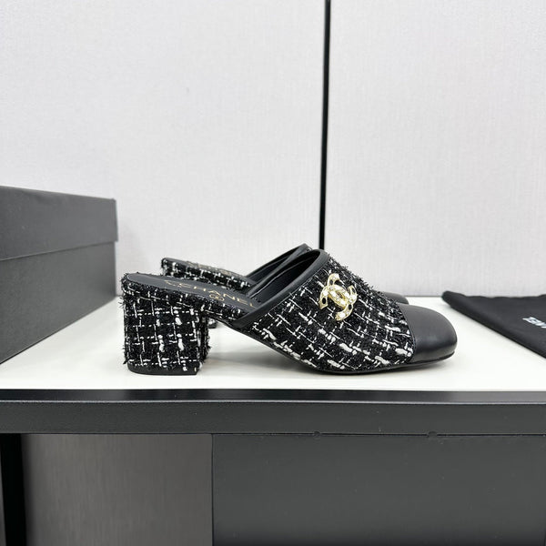 CC HIGH MULE IN TWEED DI LANA E VITELLO NERO E BIANCO