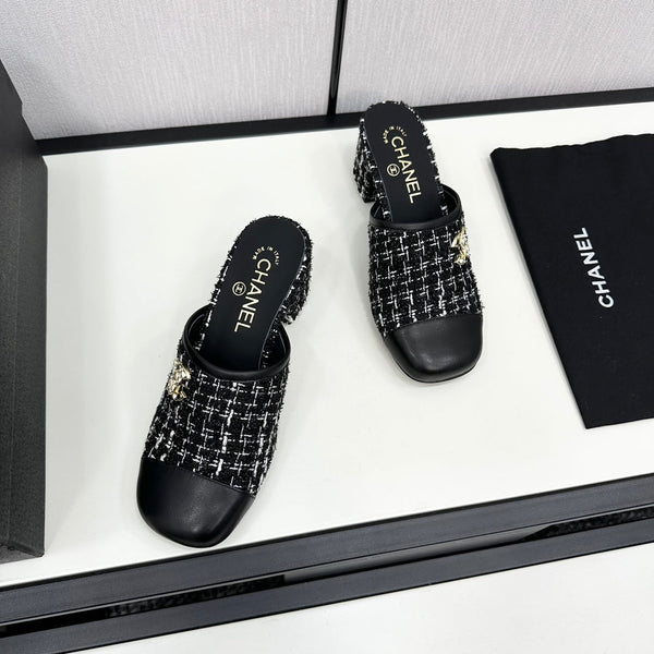 CC HIGH MULE IN TWEED DI LANA E VITELLO NERO E BIANCO