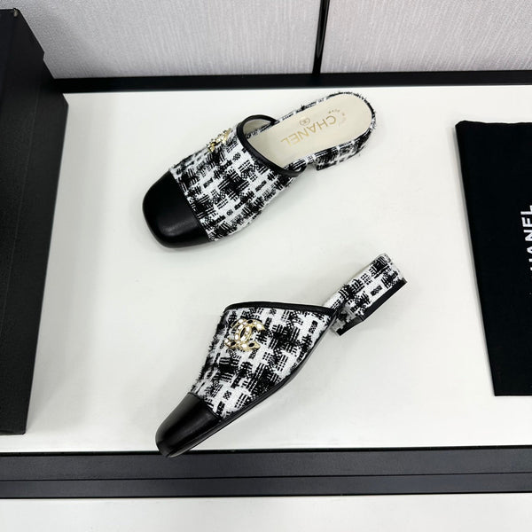 CC FLAT MULE IN TWEED DI LANA E VITELLO NERO E BIANCO