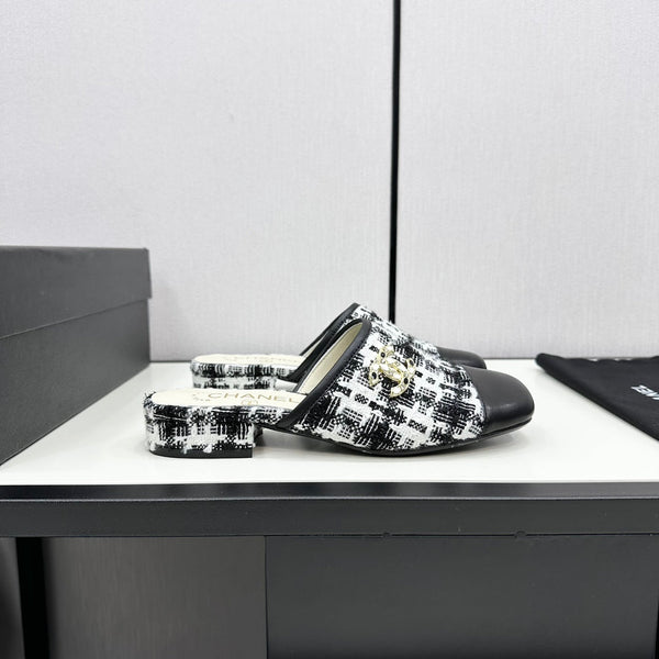 CC FLAT MULE IN TWEED DI LANA E VITELLO NERO E BIANCO