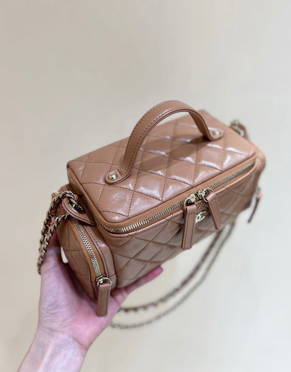 CC 24K Handle Camera Bag 23cm Brown Lambskin Light GHW