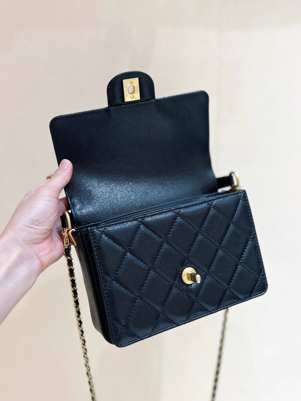 Chanel 24K Handle Flap Bag Black Calfskin Leather