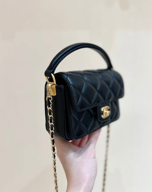 CC24K Mini Borsa con patta e manico 16 cm Nero Caviar Light GHW