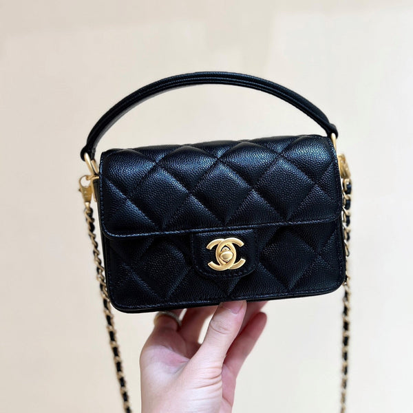 CC24K Mini Borsa con patta e manico 16 cm Nero Caviar Light GHW