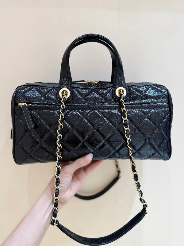 CC 25s Maxi Bowling Bag 31cm Black Patent Crumpled Calfskin
