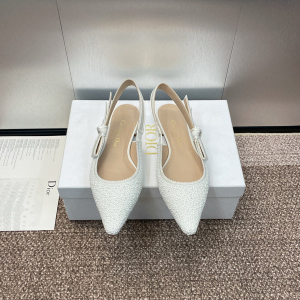 cd slingback flat embroidered cotton white calfskin resin pearl