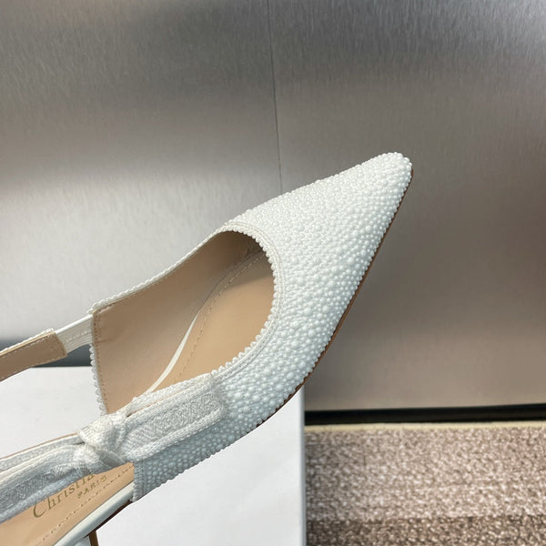 cd slingback flat embroidered cotton white calfskin resin pearl