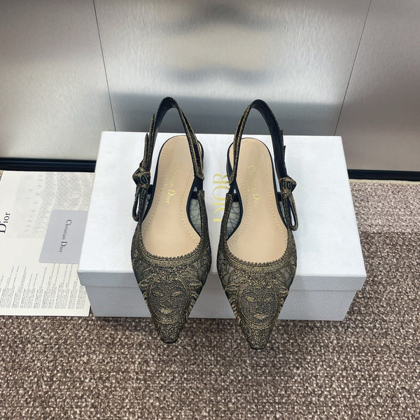 cd slingback flat transparent mesh embroidered black sun motif