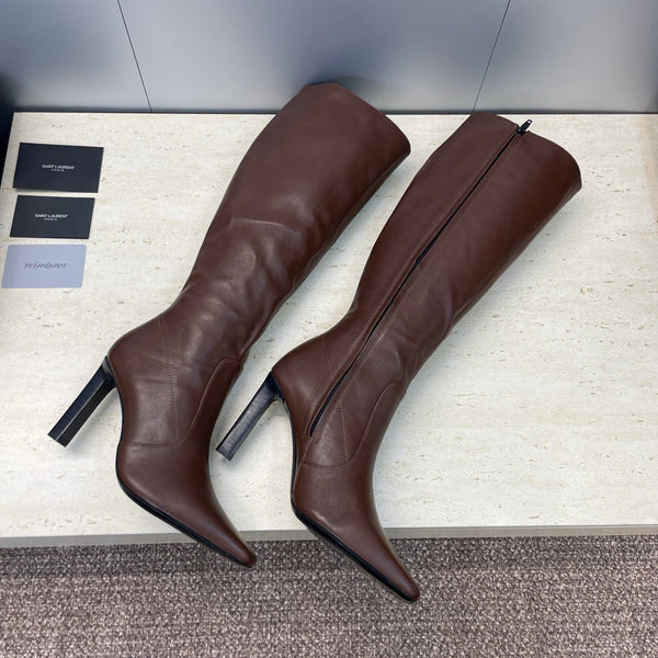 YSL 2025 Square Toe Over-the-Knee Rider Boots Brown Calfskin 574017