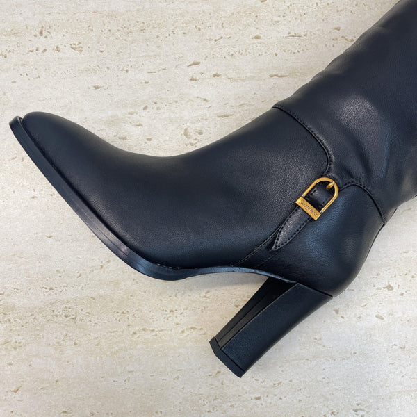 YSL 2025 High-Heeled Pointed-Toe Knee-High Rider Boot Black Calfskin 574018