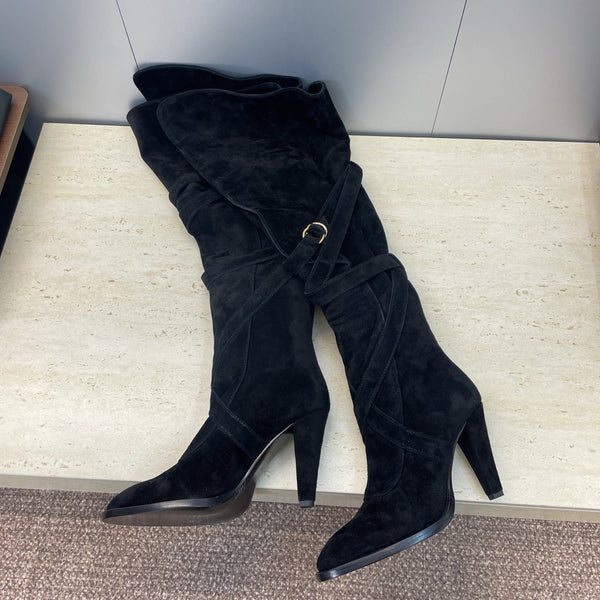 YSL Janis Long Boots 95mm Black Suede 551939