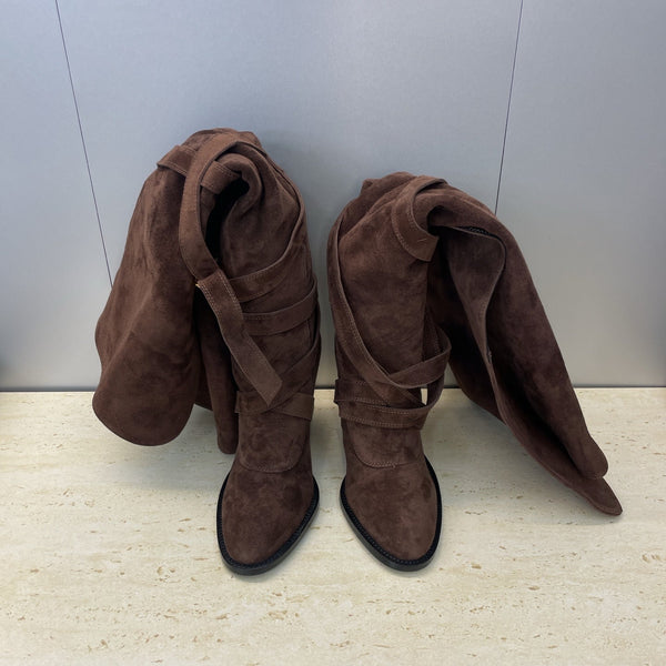 YSL 2025 Chunky Heel Pointed Toe Over-the-Knee Rider Boot Brown Suede 574019