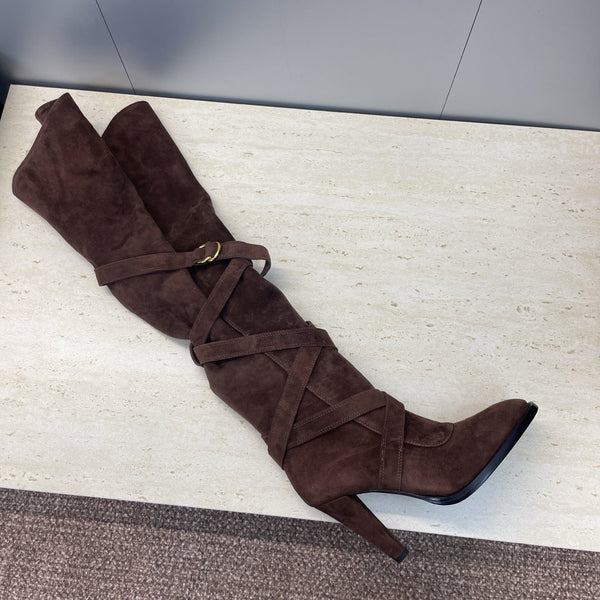 YSL 2025 Chunky Heel Pointed Toe Over-the-Knee Rider Boot Brown Suede 574019