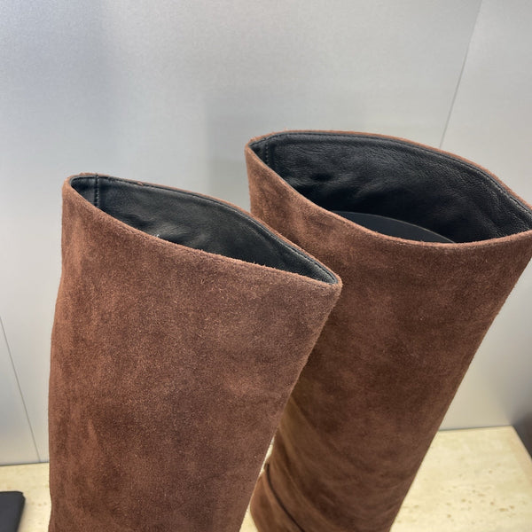 YSL 2025 High-Heeled Pointed-Toe Knee-High Rider Boot Brown Suede 574020