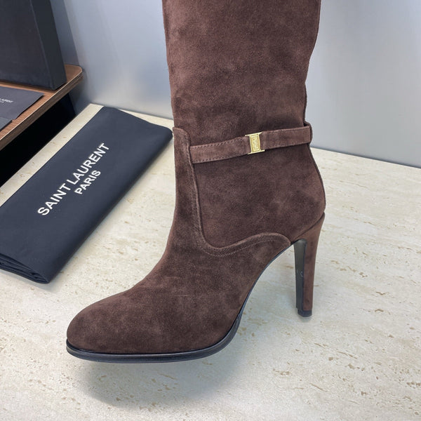 YSL 2025 High-Heeled Pointed-Toe Knee-High Rider Boot Brown Suede 574020