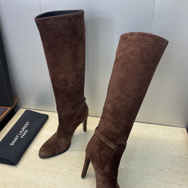 YSL 2025 High-Heeled Pointed-Toe Knee-High Rider Boot Brown Suede 574020