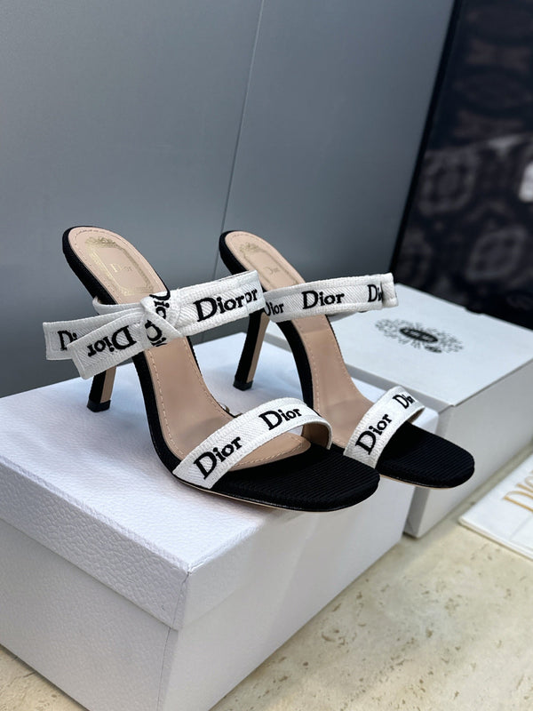 CD Sandales à Talon 26S 10cm Cuir Tissu Noir Beige 633072